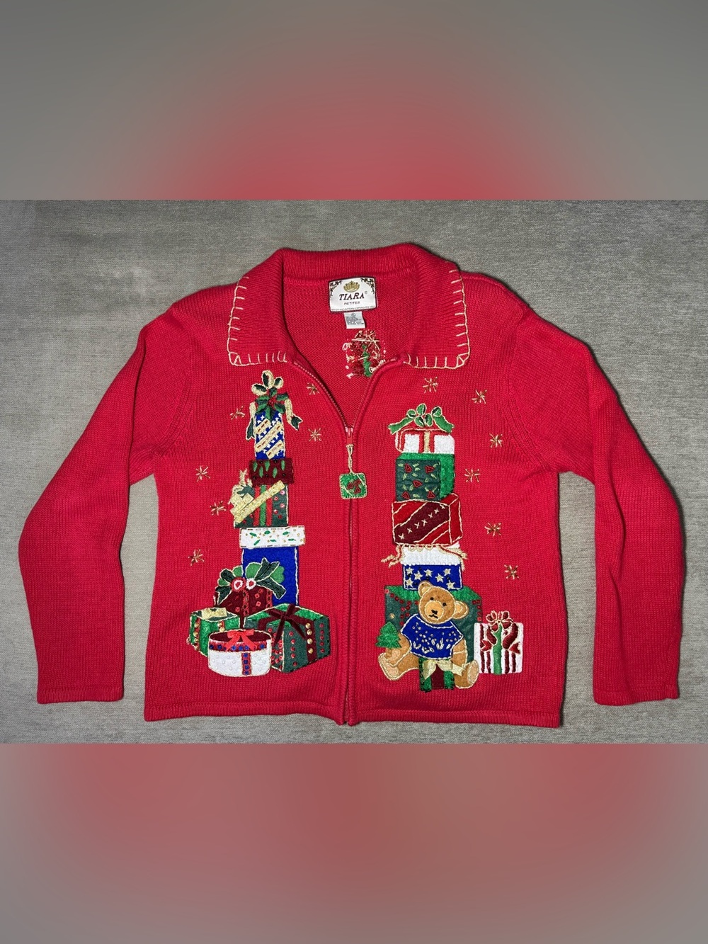 Tiara Red Zip-Up Christmas Sweater with Embroidered Gifts and Teddy